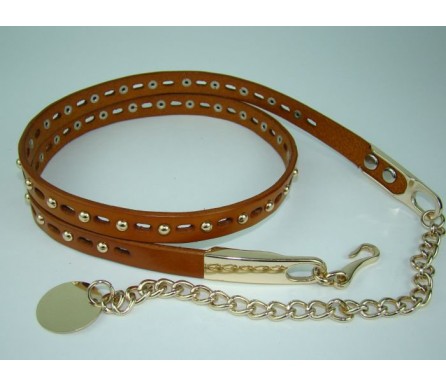 Женский ремень кожаный с металлом узкий  "Ессентуки", коричневый (арт. 103792) 
