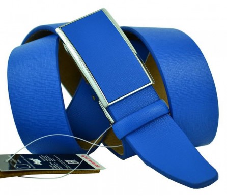 Мужской брючный кожаный ремень с полуавтоматической пряжкой (зажим) "Нефтекамск", синий (арт. 102874) Olio Rosti