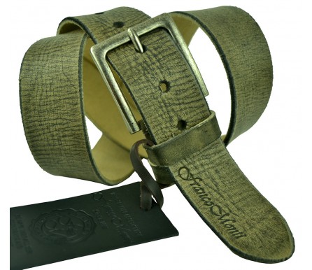 Мужской Итальянский кожаный ремень для джинс "Череповец", оливковый (арт. 102309) Franco Monti