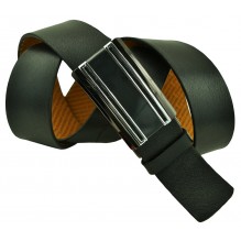 Мужской брючный кожаный ремень большого размера с полуавтоматической пряжкой (зажим) "Магнитогорск", черный (арт. 102219)