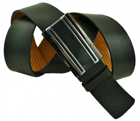 Мужской брючный кожаный ремень большого размера с полуавтоматической пряжкой (зажим) "Магнитогорск", черный (арт. 102219) Olio Rosti